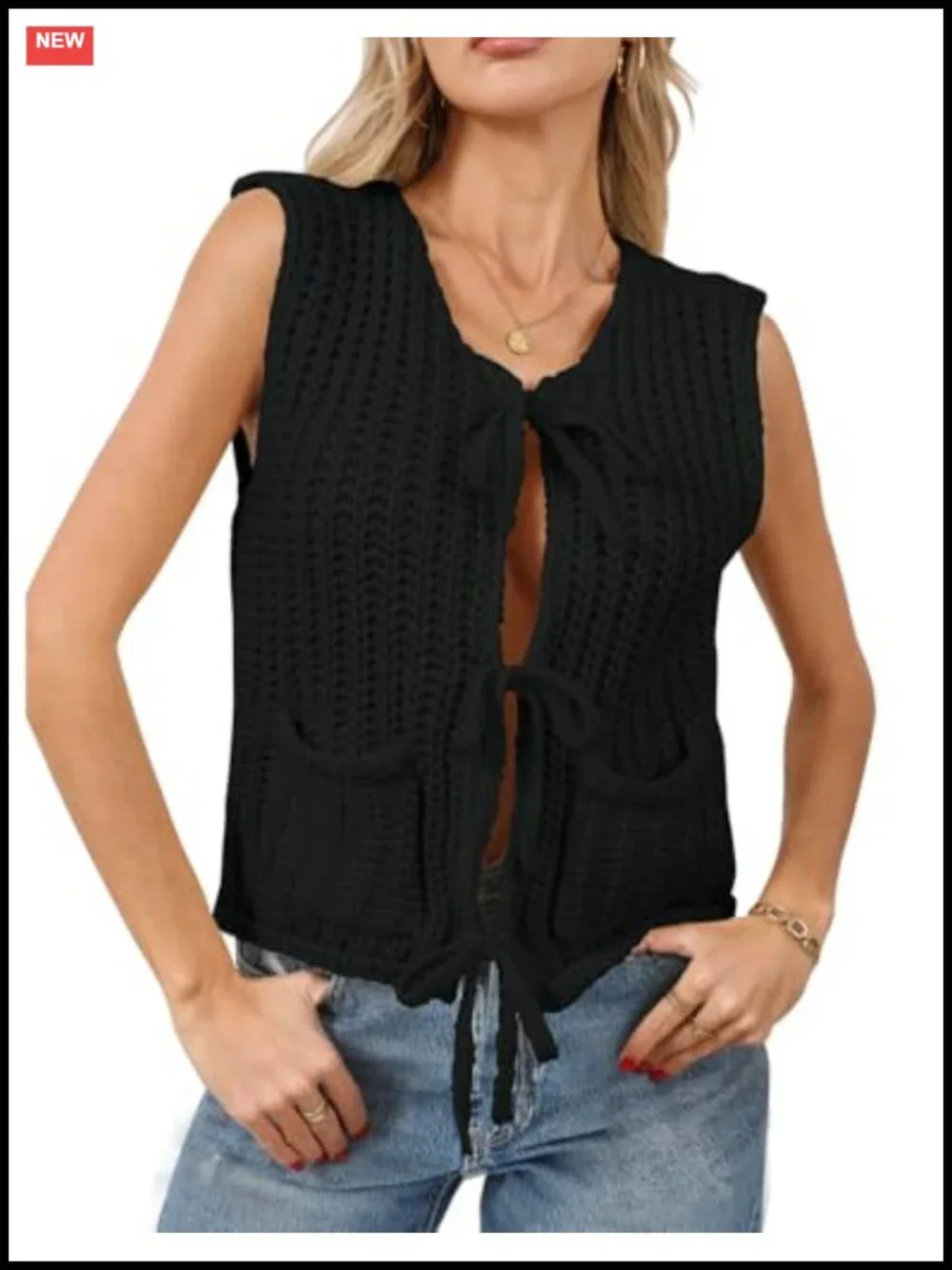 Crochet Knit Sleeveless Cardigan Sweater Vest with Pockets Bows